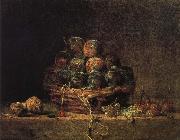 Jean Baptiste Simeon Chardin Walnut and fitted with a basket of plums cherry red millet vinegar painting